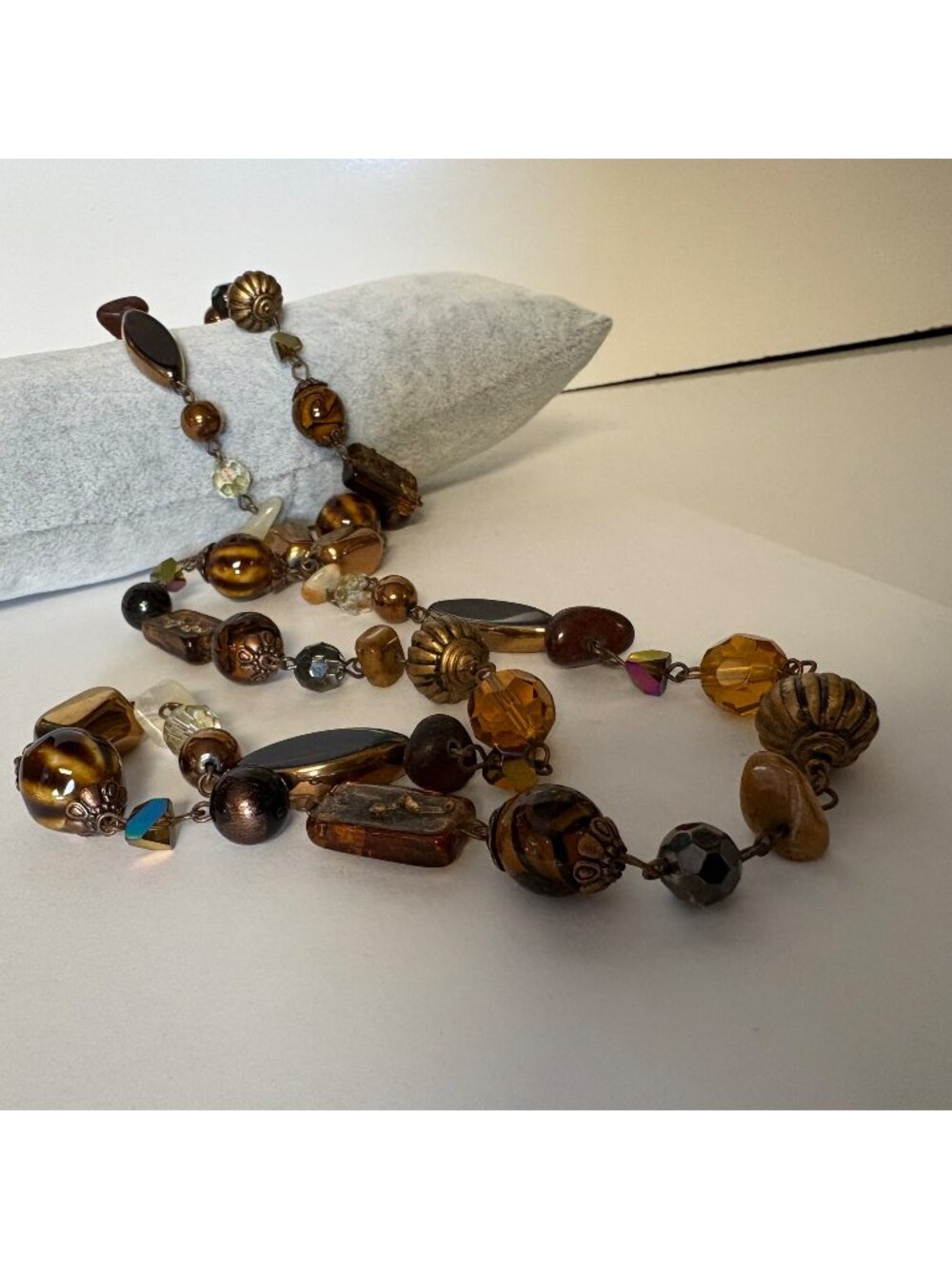 JS Multi-Beaded Brown Gold Tone Long Necklace Boho Elegant Versatile